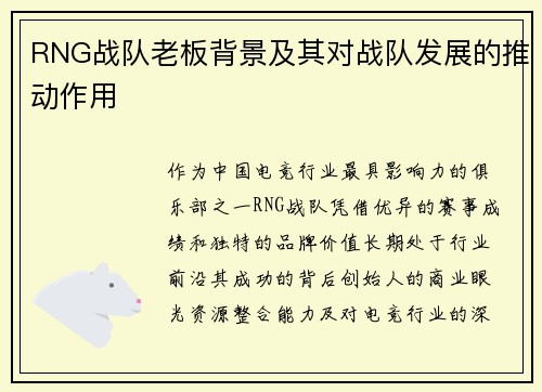 RNG战队老板背景及其对战队发展的推动作用